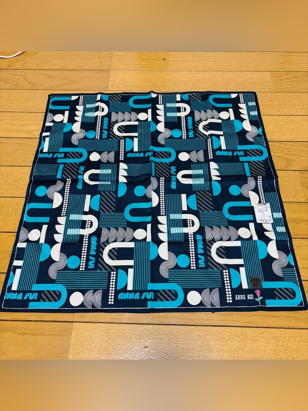 Anna Sui Navy, Teal & White 100% Cotton Handkerchief/Bandana/Scarf Size 50cm 20”